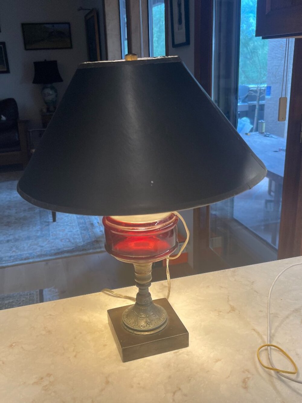 Antique Cranberry Glass Electrified Metal Base Table Lamp